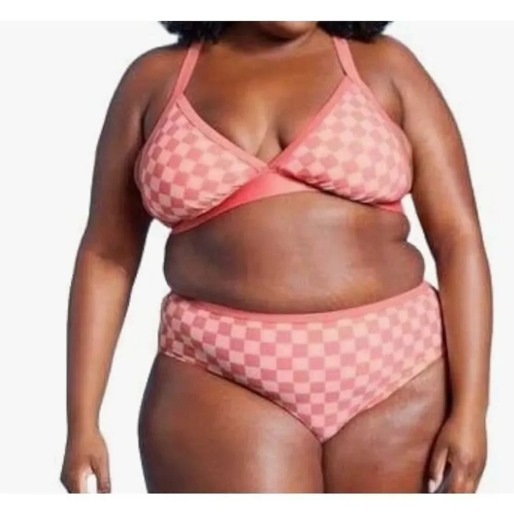 Kona Sol pink and white checkerboard print bikini. 1X bottoms 2X top